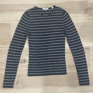 Vince Gray & White Striped Crew Neck Sweater. Size Medium. 100% Wool.